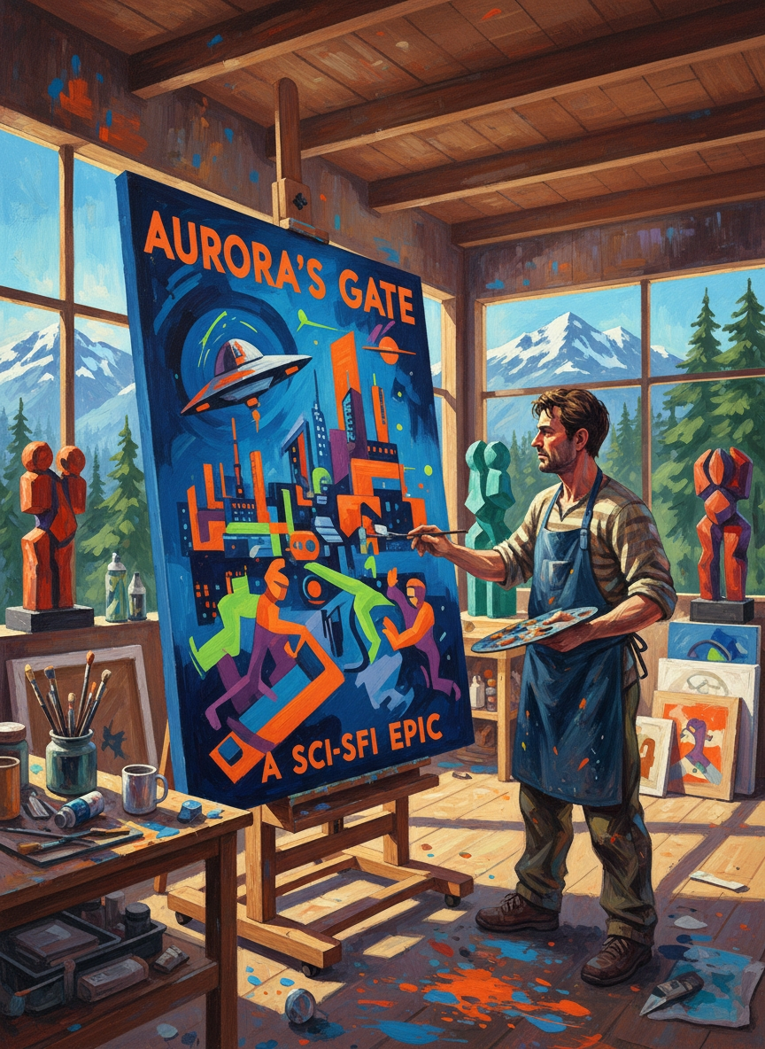 Scandinavian artist painting a modern abstract science fiction movie poster